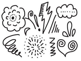Hand drawn flower, heart, cloud, sunburst, thunderbolt for concept design.