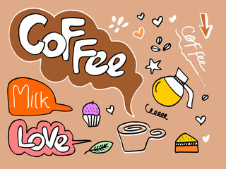 simple hand-drawn sketch doodles,coffee, coffee making materials and tools. for cafe menus and flyers
