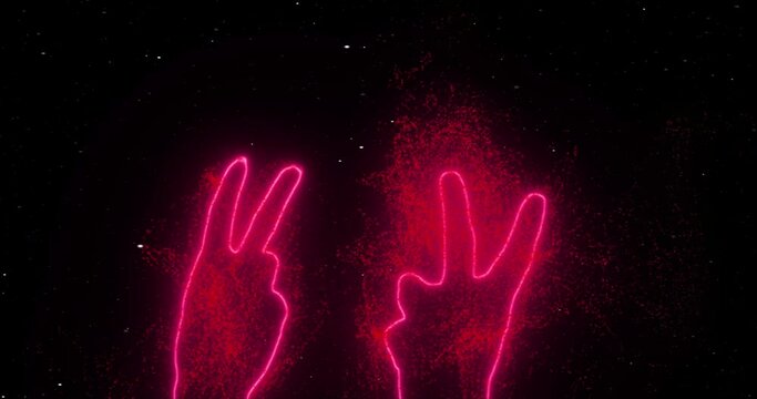 Two hands show peace, number two, victory sign in space among the stars. Abstraction, 3d render, neon glowing lines and particles. Red outline of hands.