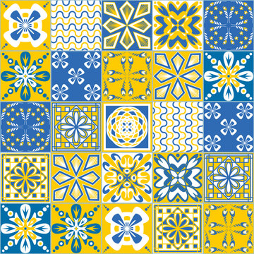 Yellow blue seamless pattern, spanish Azulejo tile mosaic, contrast bright vector illustration