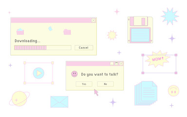 Old computer user interface, 1990s - 2000s style, retro pc elements, trendy y2k aesthetic set, windows, icons and symbols