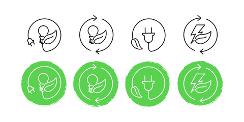 Renewable green energy icon set. Eco battery charging, recycling resources vector, clean electricity symbol.