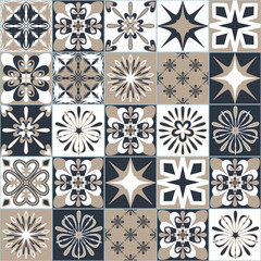 Graphite white contrast pattern on square ceramic tile, seamless pattern decorative background for Azulejo spanish portuguese interior design