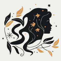 Illustration of a beautiful woman. Boho style artwork. Vintage fashion drawing. Print of a silhouette for card. Retro sketch with flowers nd stars. Cute floral character. Decorative element. 