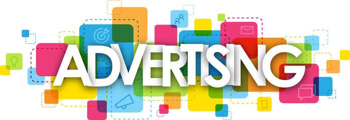 ADVERTISING typography banner with colorful squares on transparent background