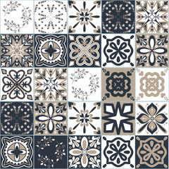 Azulejo spanish style ceramic tile design, graphite beige background for interior design, seamless pattern vector illustration