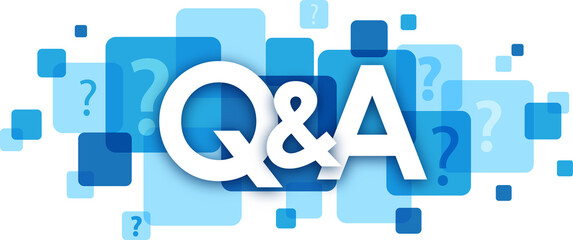 Q&A typography banner with blue squares on transparent background - obrazy, fototapety, plakaty