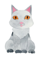 A grey cat with large hazel eyes. Watercolor illustration of an animal, isolated on transparent background. For holiday design, postcard design, invitation cards.