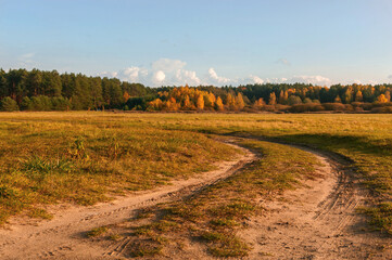 Jesienny krajobraz przy polnej drodze, w słoneczny barwny  dniu przed zachodem słońca.  - obrazy, fototapety, plakaty