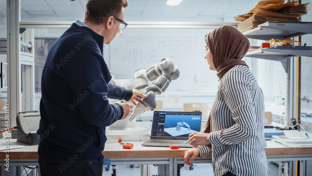 Aufkleber promising arabic female computer scientist asking her professor about performance of robotic arm, wh