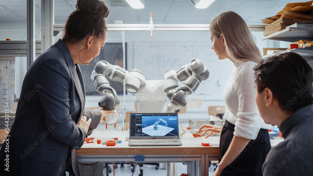 Poster black professor analyse and discuss futuristic robotic arm with two diverse young specialists in res