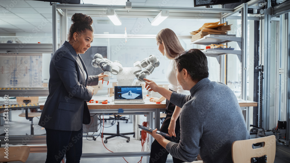 Poster Industry 4.0 High-Tech Factory: Diverse Team of Future Robotics Engineers Working on Robot Arm Design Under the Supervision of Black Professor. Digital Technology and Intelligent Students Concept.