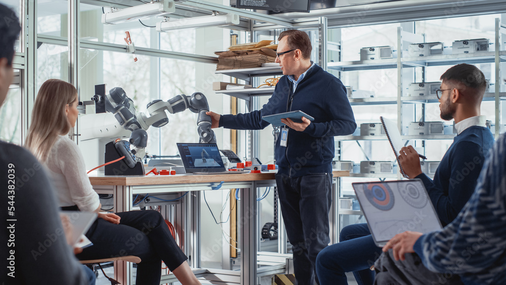 Poster Chief Engineer Presents Innovative Robot Arm to Start-up Workers at Conference. Futuristic Design of AI Robot Hand That Helps to Automate Production Processes. Advanced Robotics Technology Concept.