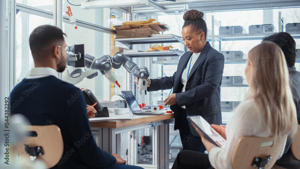 Poster multi-ethnic office, conference room. female developer does presentation for group of scientists, us