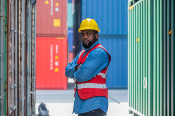 African American worker concept, African American worker working in warehouse containers for logistic import export
