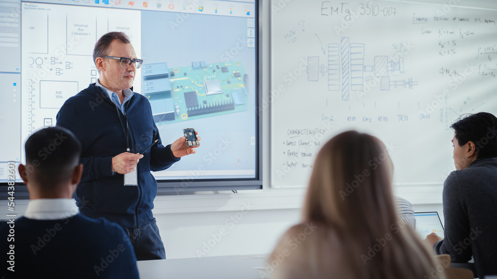 Poster Male Professor Uses Interactive Whiteboard and Explains to Diverse Students About Computer Motherboard Components. Education, Computer Science and Digital Technology Concept.