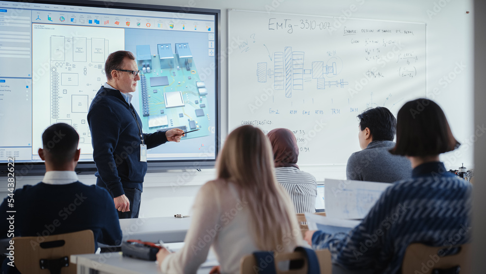Poster confident male teacher using digital interactive screen, talks to group of diverse engineering stude