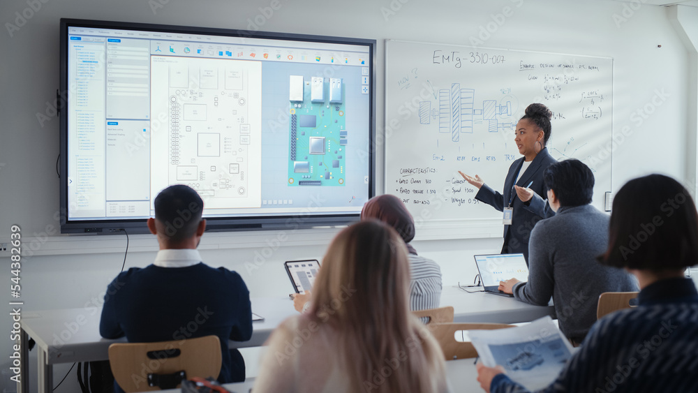 Poster black female teacher using digital interactive screen, talks to group of diverse students and shows 