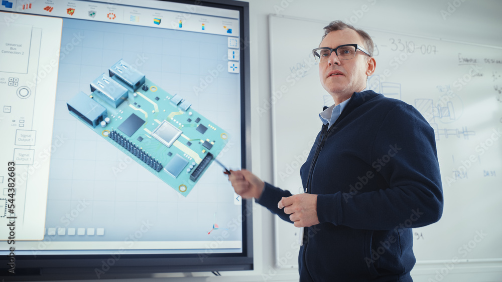 Poster male teacher uses digital interactive whiteboard, talks to students and shows 3d computer motherboar