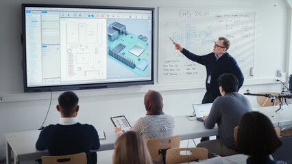 Male Teacher Explains About Computer Motherboard Components to Students During Lesson at University. Using Interactive Whiteboard. 3D Modelling of Circuit Board for Equipment Concept. - obrazy, fototapety, plakaty
