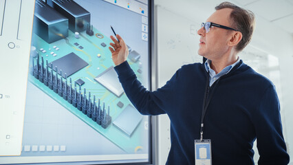 Male Teacher Stands Next to Digital Interactive Whiteboard and Points at 3D Model of Processor During Lesson About Computer Motherboard Components. Students Listen Carefully. Close Up.