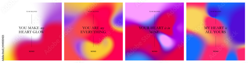 Poster Set of Romantic Colorful Cards About Love with Bright Gradients and Quotes. Vector Abstract Patterns with Color Gradient