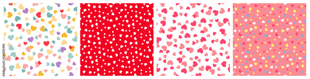 Poster seamless patterns set with scatter small colorful hearts. vector retro polka dot prints. valentine's