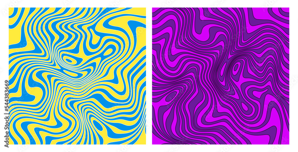 Leinwandbilder Wavy Seamless Trippy Patterns in Psychedelic Colors with Stroke. Abstract Vector Swirl Backgrounds. 1970 Aesthetic Textures with Flowing Waves