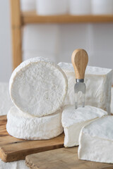 Different geometric forms of camamber cheese. Multiform cheese camamber brie composition. Selective focus