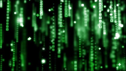 Digital green icons falling on black background