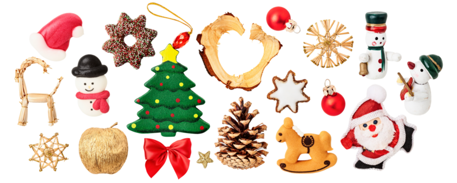 Christmas decoration set. PNG with transparent background. Flat lay. Without shadow.