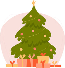 Christmas concept. Winter scene with a simple decorated Christmas tree and many gifts. Merry Christmas and a happy new year. 