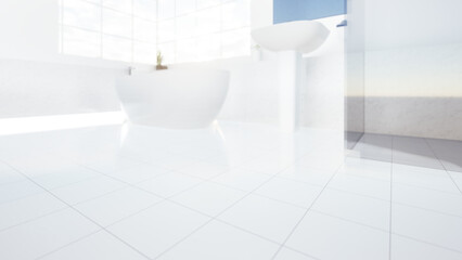 3d rendering of white tile floor with texture, pattern. Modern interior design of bathroom, shower...