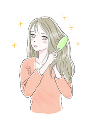 髪をとかす若い女性のイラスト