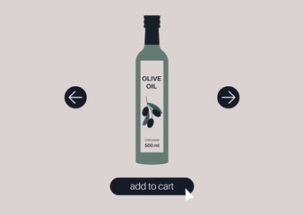 Online grocery shopping, a glass bottle of virgin olive oil