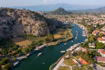 Aerial view of Dalyan river and boats with Iztuzu Beach Scenery, Turkey.