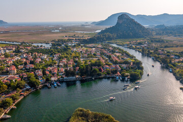 Aerial view of Dalyan river and boats with Iztuzu Beach Scenery, Turkey.