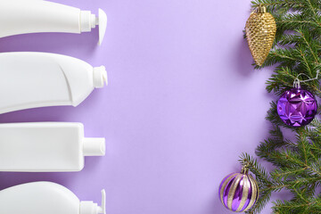 Christmas cleaning. Plastic white bottles with detergent for disinfection of fir branches and...