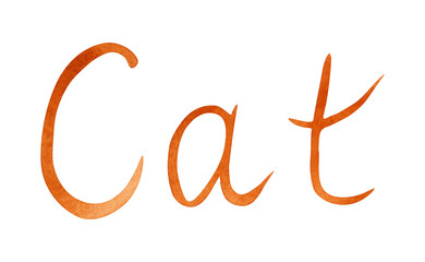 Hand drawn watercolor lettering "cat". Watercolor illustration, isolated on transparent background. For postcard design, web design.