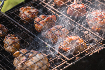 Juicy pieces of meat shrouded in smoke on a grill - barbecue