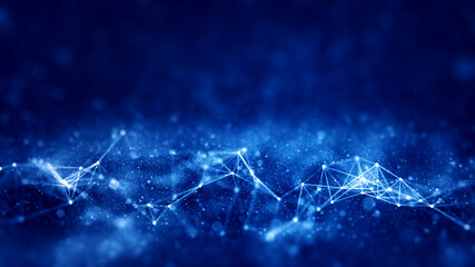 Polygon abstract blue background is connected with small blurred bokeh particles around it.