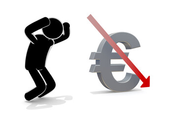 €のマーク。為替相場、価値が下落する。ユーロの損失。