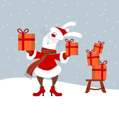 Cute happy smiling white bunny or hare wearing Santa claus clothes holding gift boxis on snowing christmas background. Editable flat style vector illustration