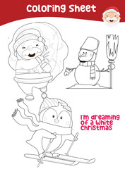 Christmas coloring page. Cute and funny cartoon characters. Coloring game for preschool children. Vector illustration. 