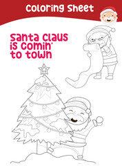 Christmas coloring page. Cute and funny cartoon characters. Coloring game for preschool children. Vector illustration. 