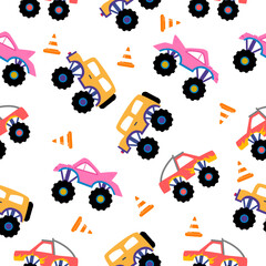 Monster truck  cartoon pattern design .monster truck pattern for kids clothing, printing, fabric ,cover. Monster car pattern.