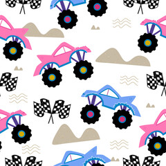Monster truck  cartoon pattern design .monster truck pattern for kids clothing, printing, fabric ,cover. Monster car pattern. © sirinporn