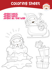 Christmas coloring page. Cute and funny cartoon characters. Coloring game for preschool children. Vector illustration. 