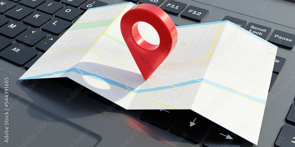 Poster gps navigation pointer on a map, laptop computer background. city map application.