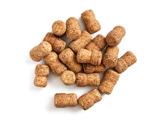 Lots of champagne wine corks on a white background